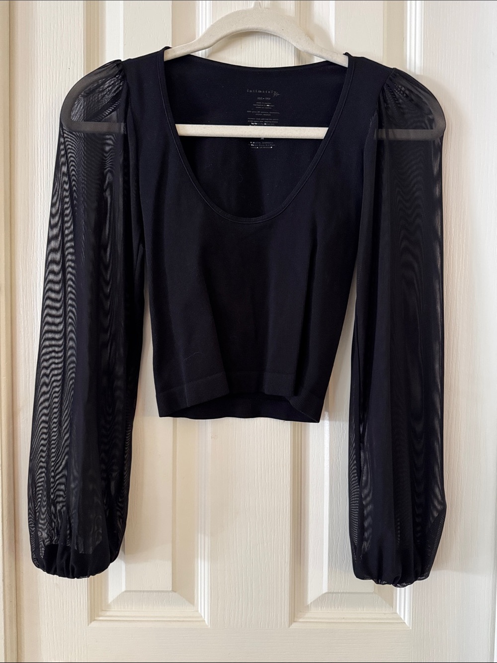 Black Puff-Sleeve Mesh Long-Sleeve Crop Top by